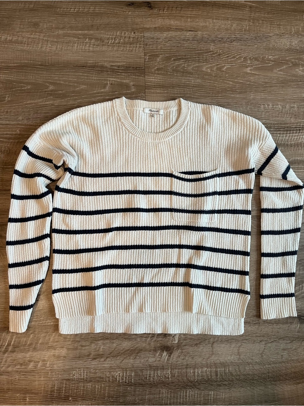 Madewell Stripe Crewneck Sweater Women’s XS White Navy Pocket Pullover